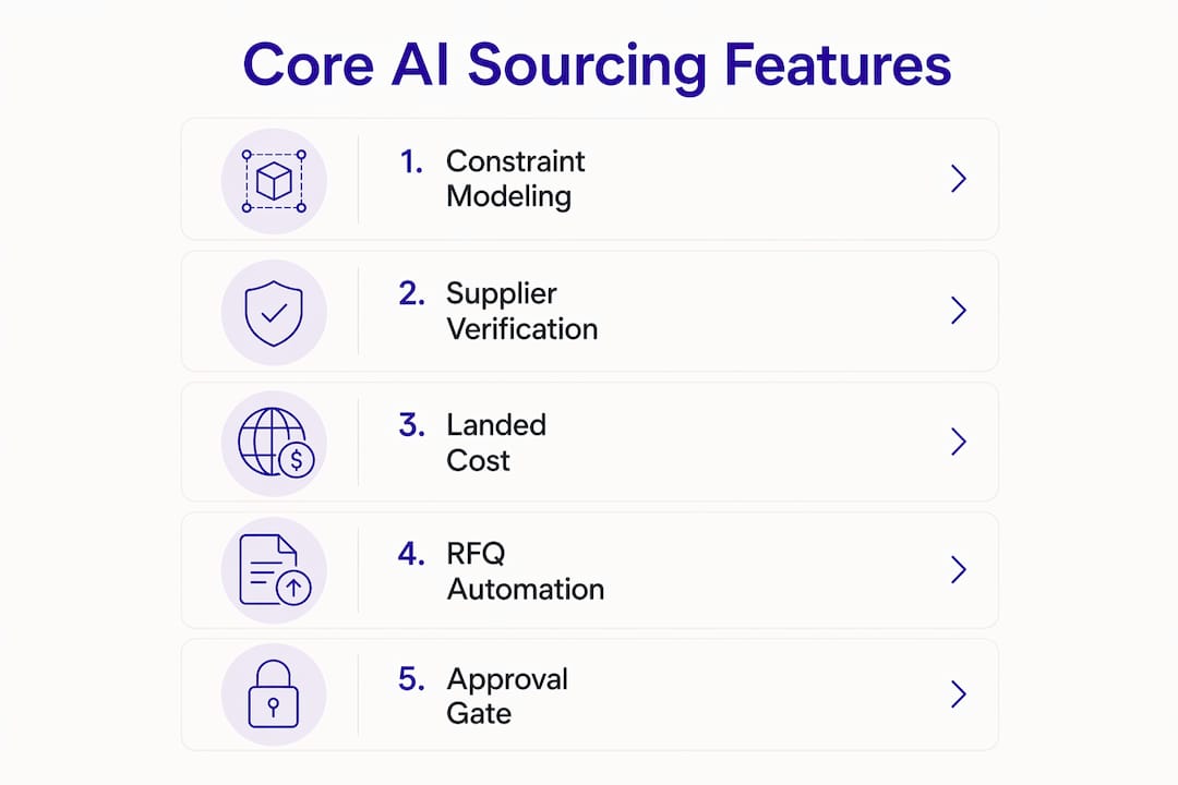 Infographic showing core AI sourcing tool capabilities in steps