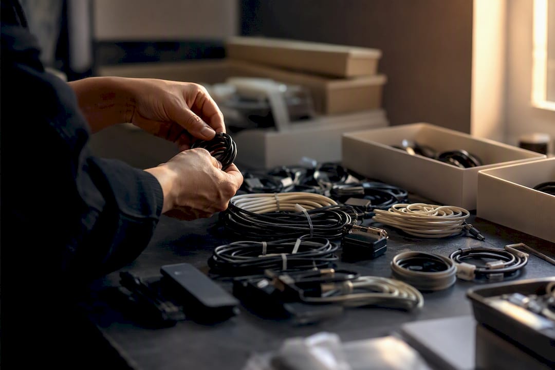 Hands sorting electronic accessories on table