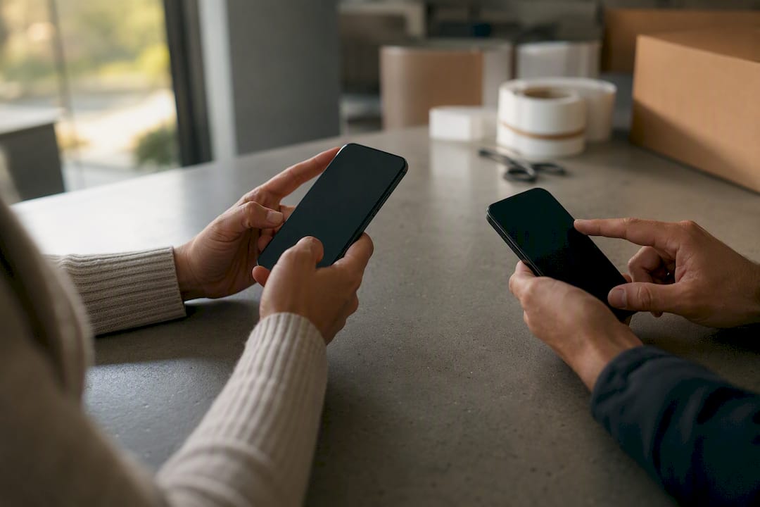 Hands managing multiple smartphones for cross listing