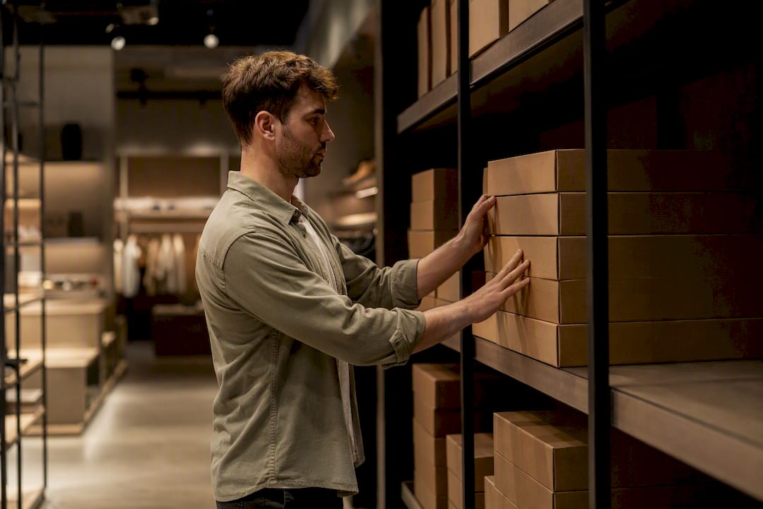 Warehouse worker measuring inventory space
