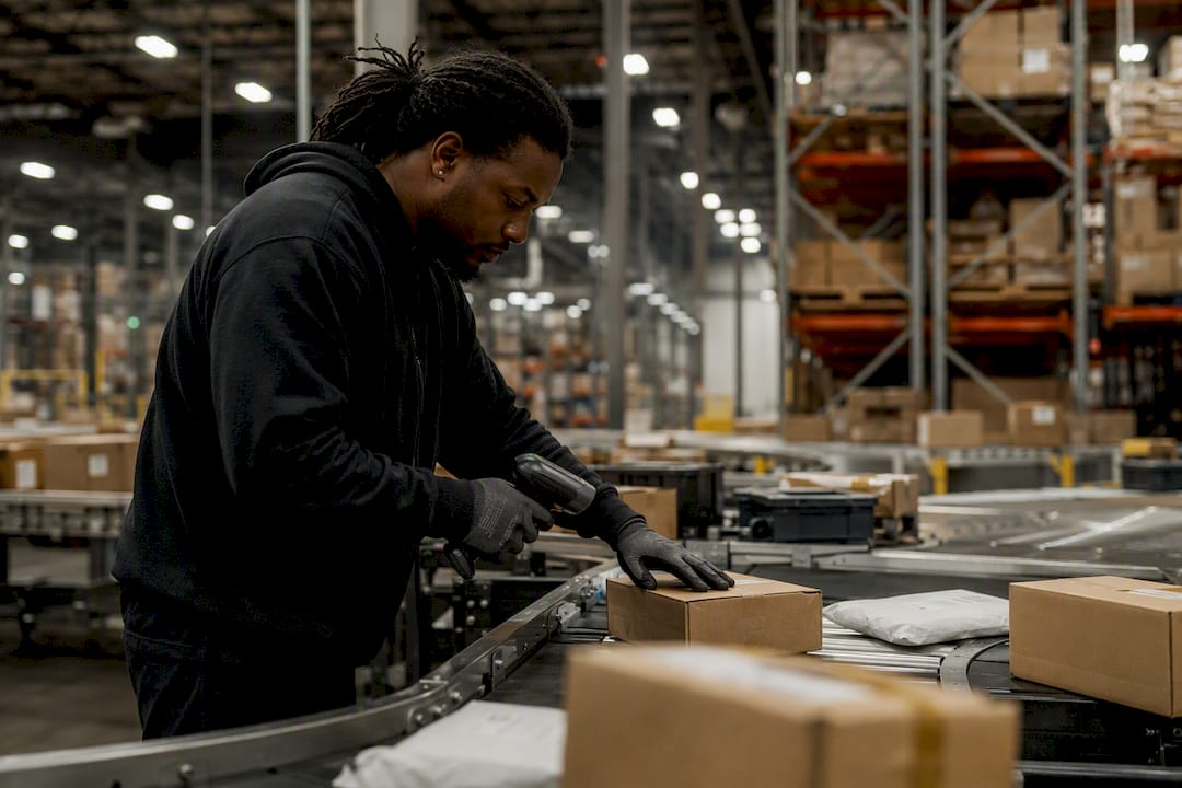 Worker sorting packages in distribution center