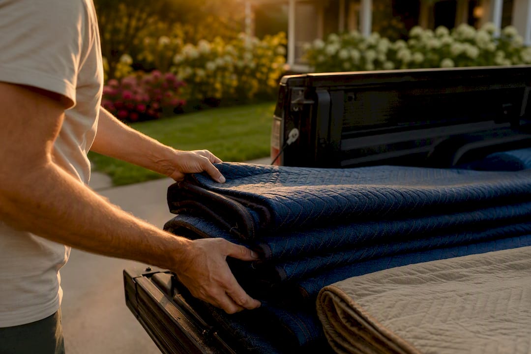 Hands loading furniture in pickup truck