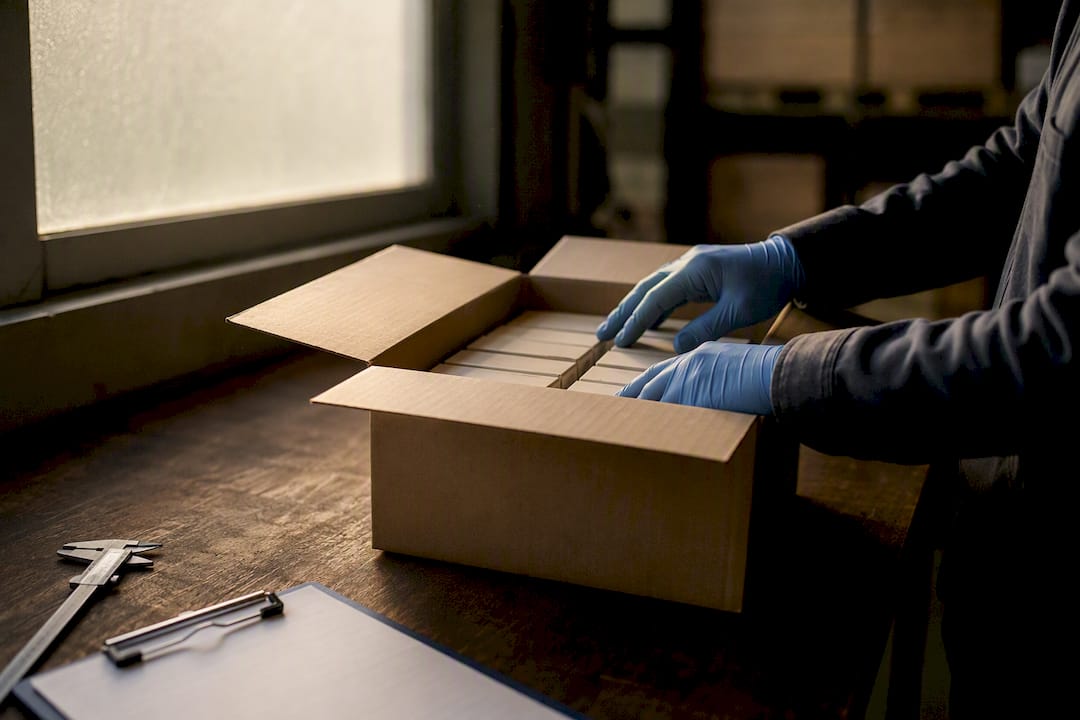 Inspector's hands opening box for quality check
