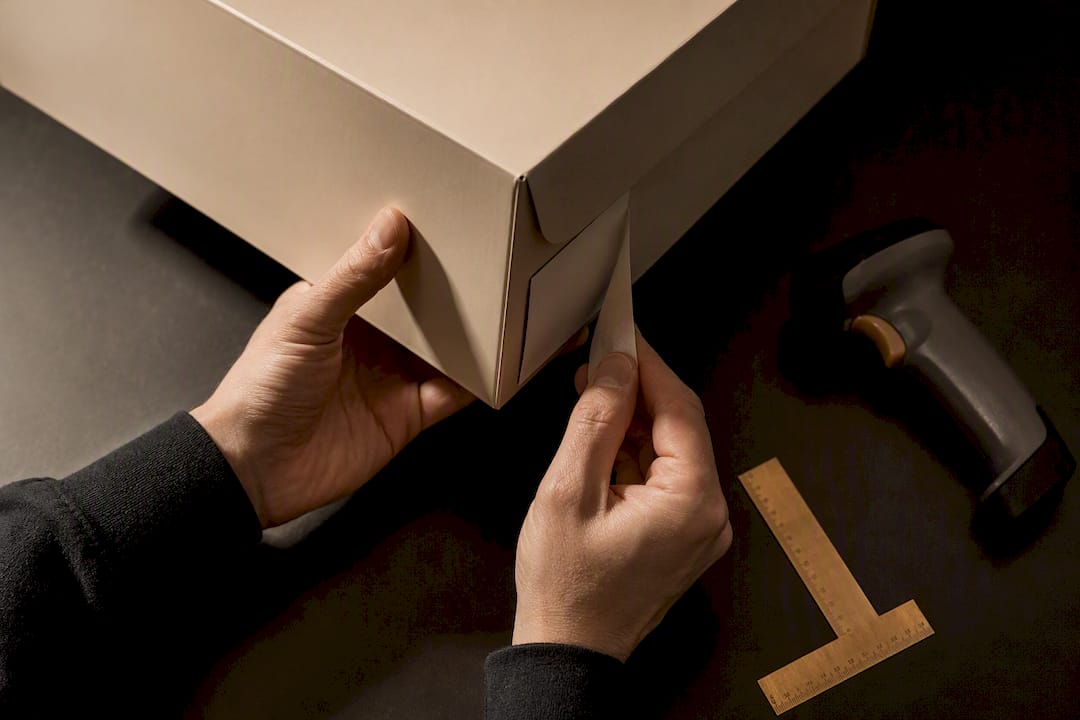 Hands inspecting anonymous sneaker box packaging