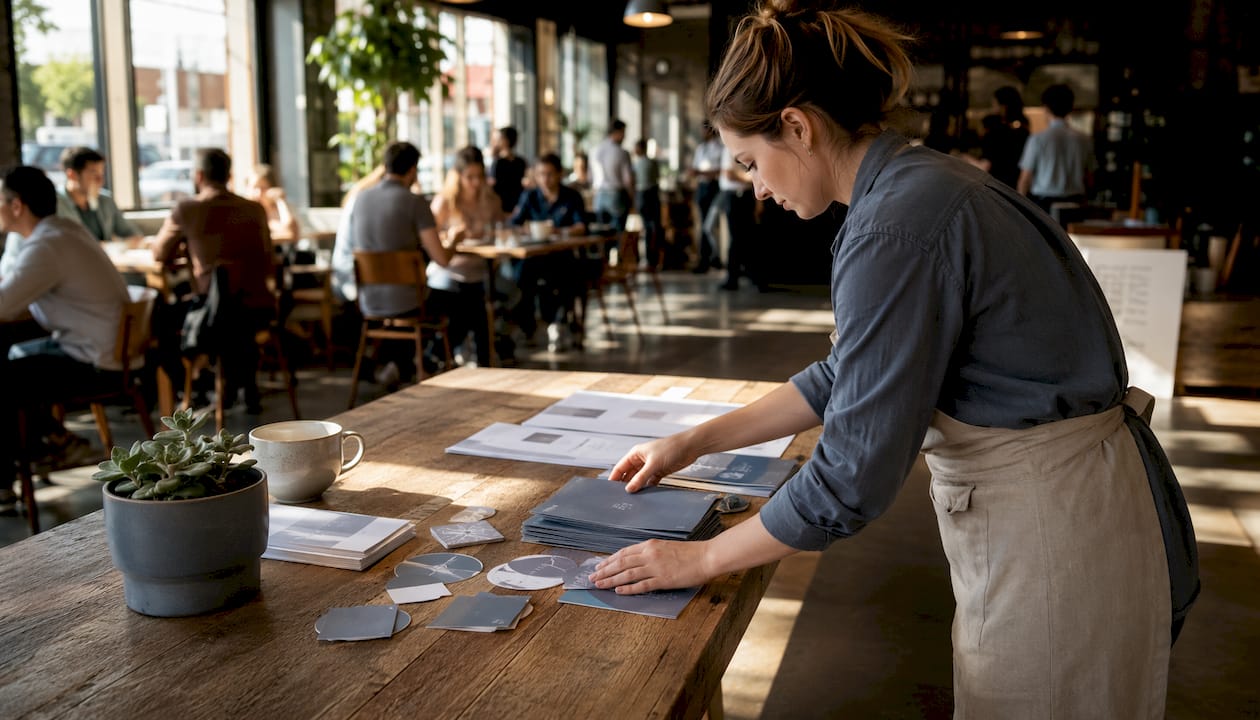 Hostess arranging branded venue materials