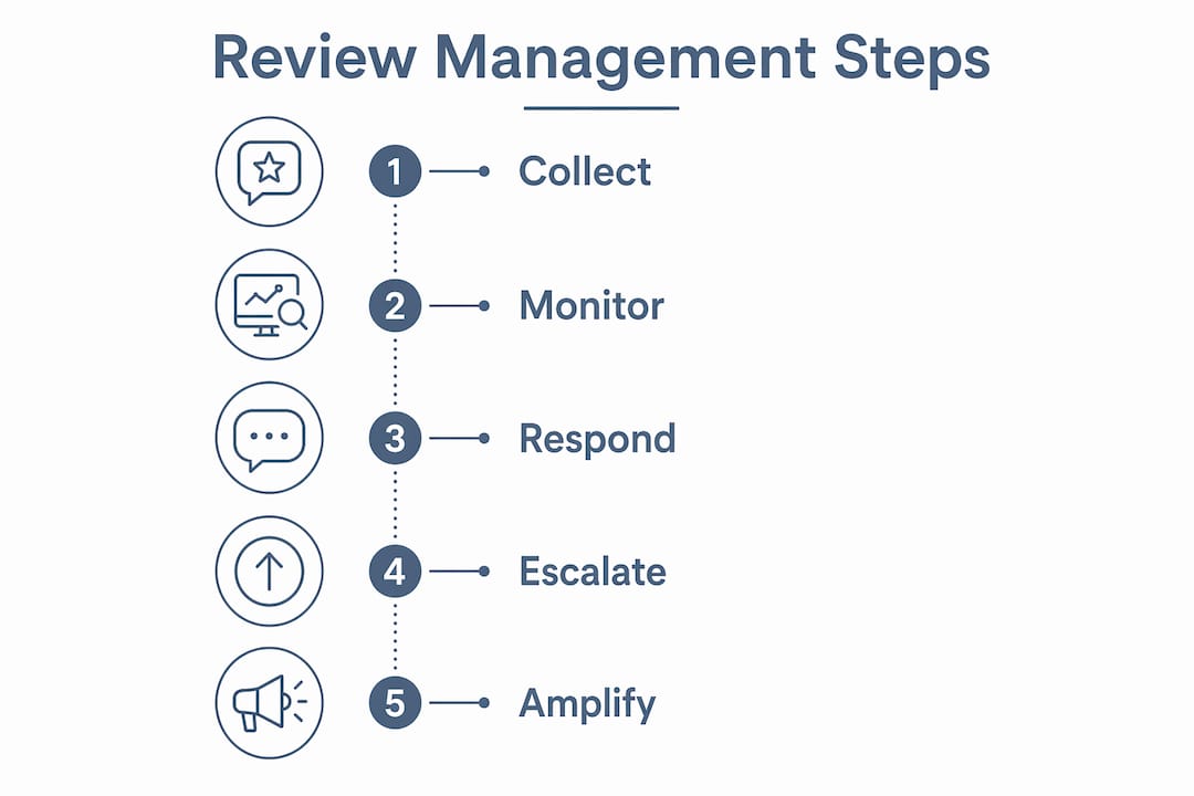 Infographic illustrating five review management stages