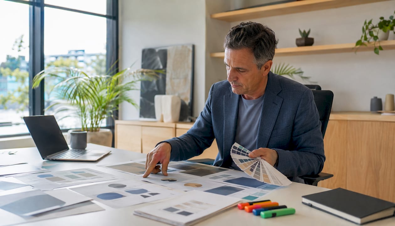 Hands managing brand kit templates on desk
