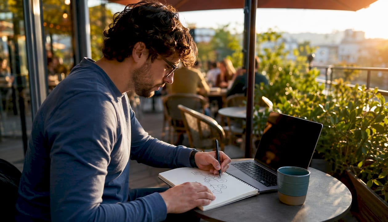 Hands sketching digital ad campaign plan at desk