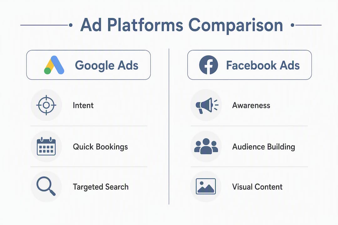 Infographic comparing Google Ads and Facebook Ads features for restaurants