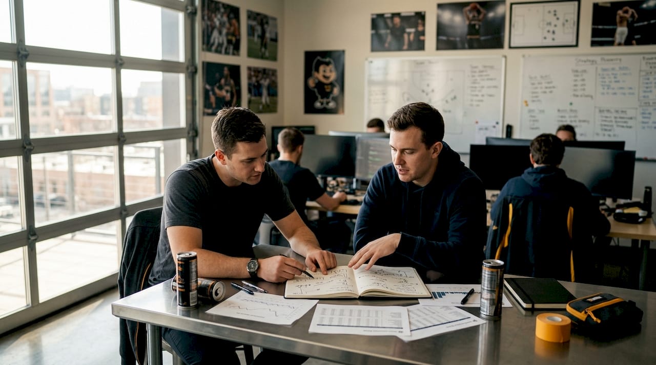 Hands pointing at sports data sheets on table