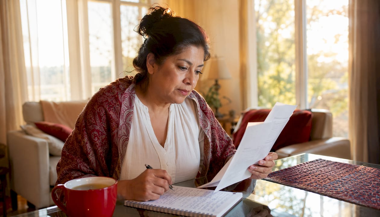 Woman reviewing legal settlement notice at home desk
