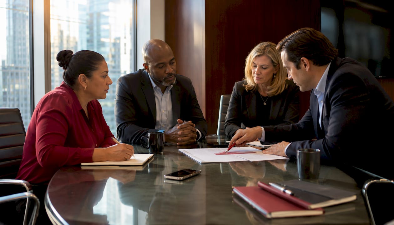 Colleagues in meeting discussing workplace conduct