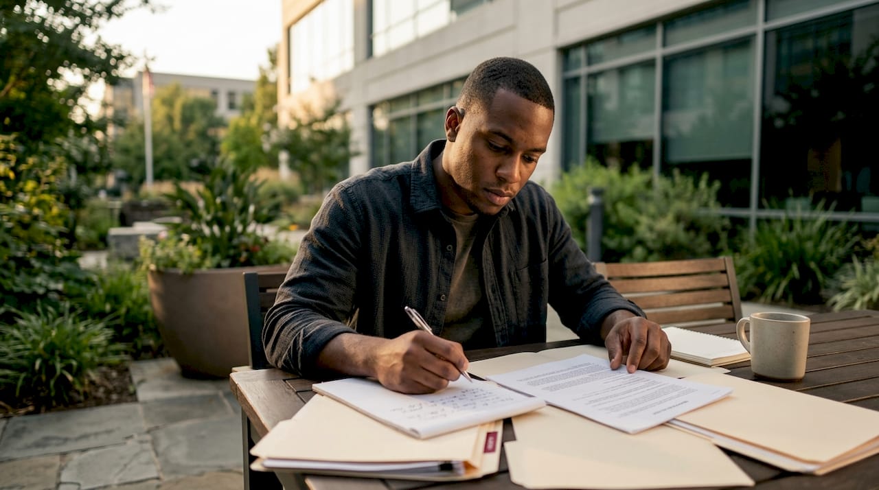 Man reviewing work harassment documents