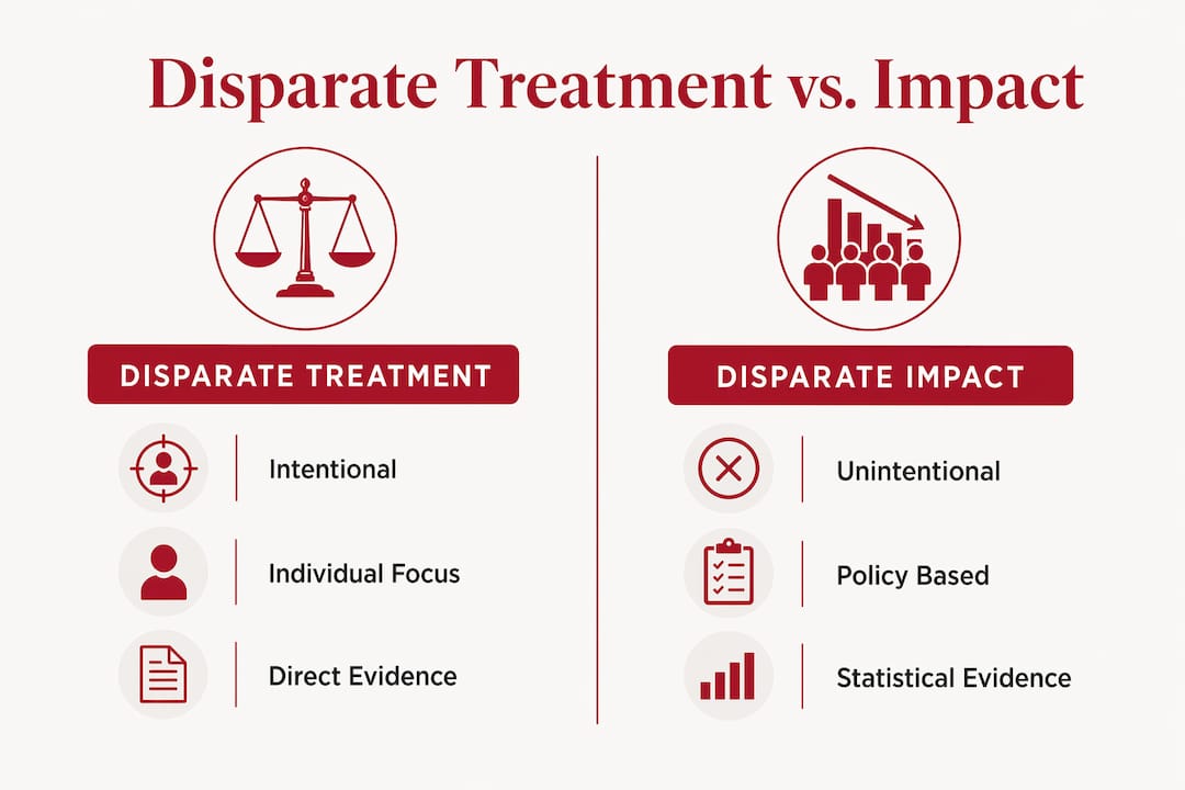 Infographic comparing disparate treatment and disparate impact concepts