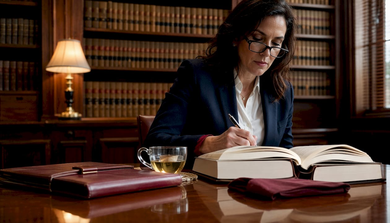 Businesswoman reviewing arbitration documents in office