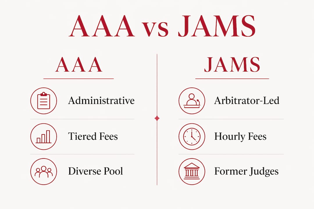 Infographic comparing key features of AAA and JAMS arbitration