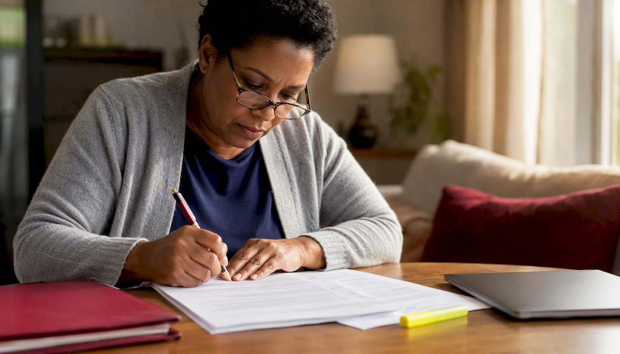 Woman filling legal class action forms at home desk