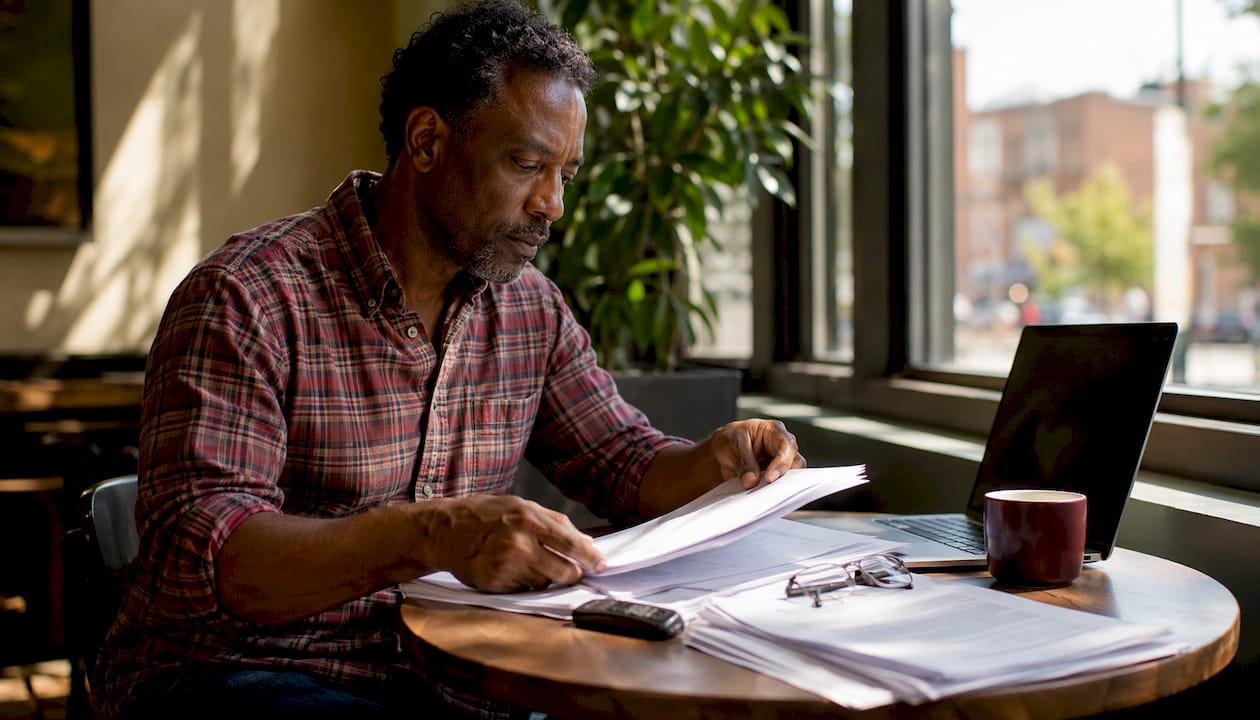 Man organizing workplace complaint documents at home