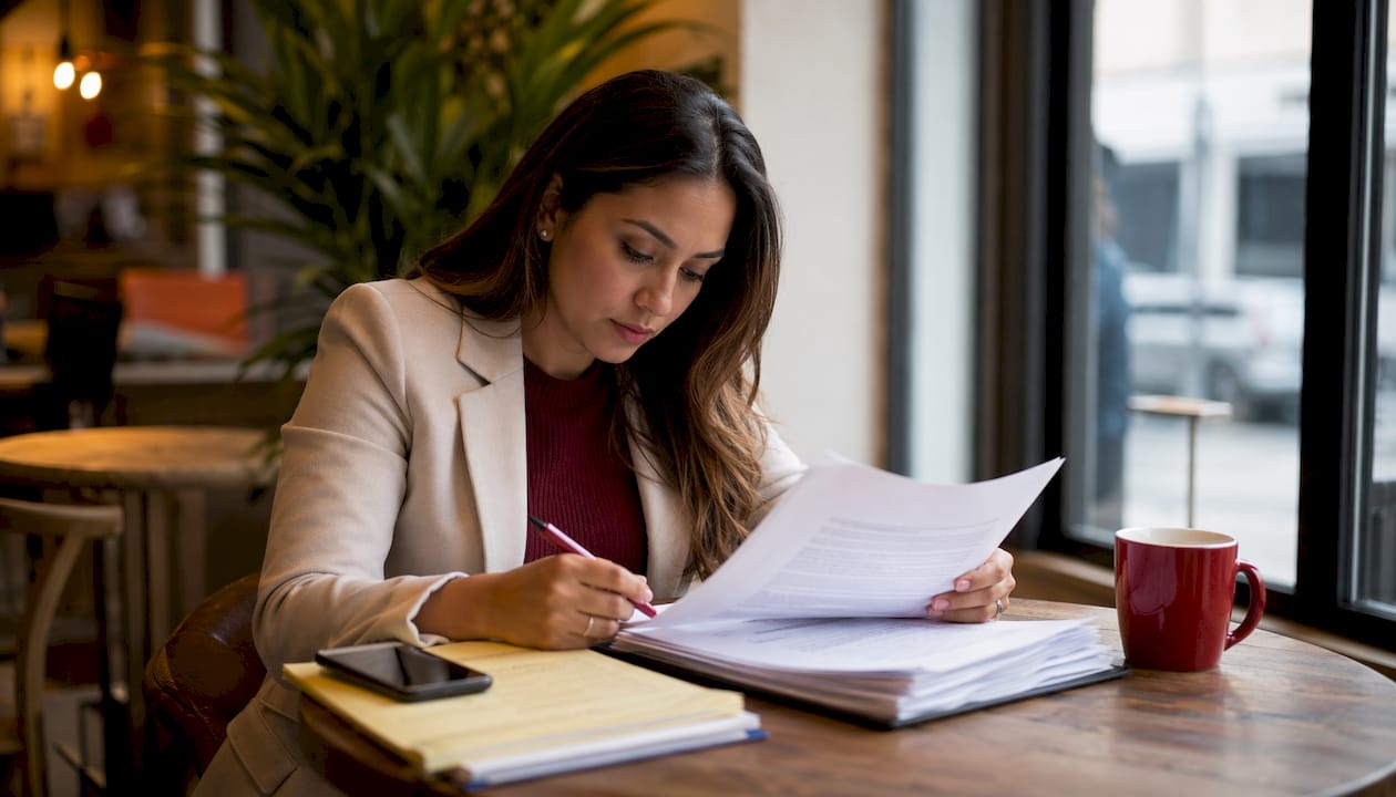Woman reviewing legal documents in office meeting room