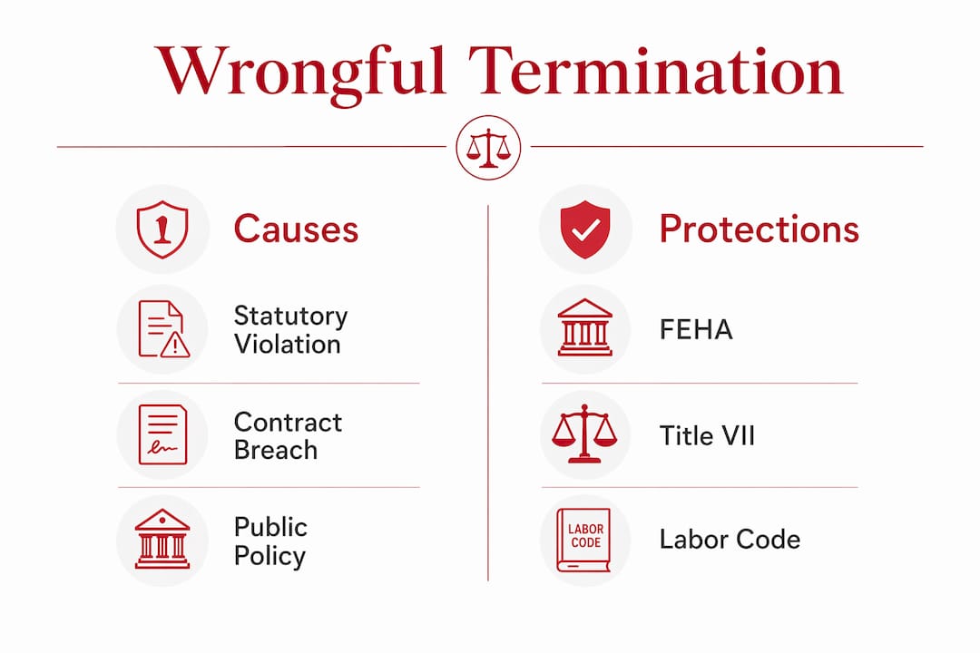 Infographic showing causes and protections of wrongful termination