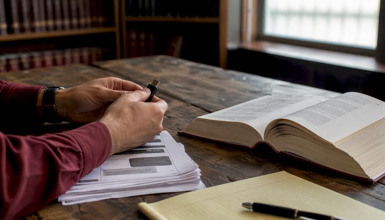 Close-up hands with text evidence and legal code book