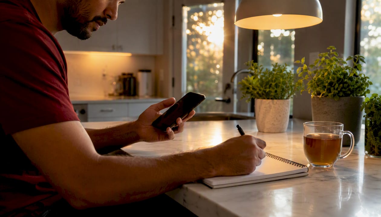 Hands documenting robocall evidence on phone and notebook