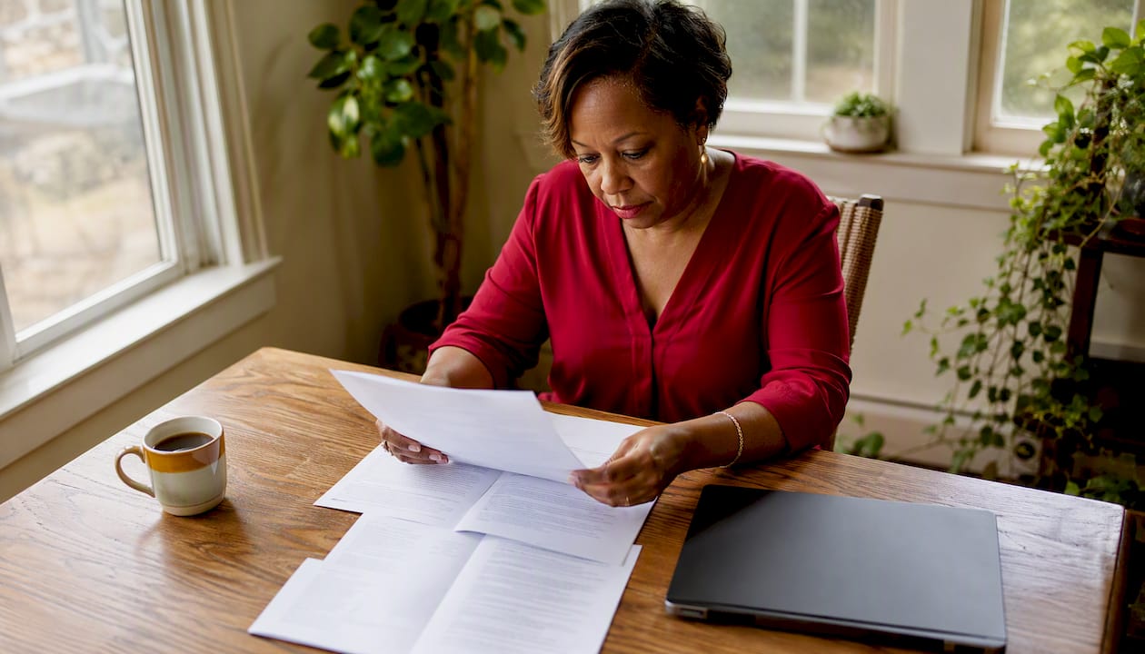 Woman reviewing First Amendment legal documents