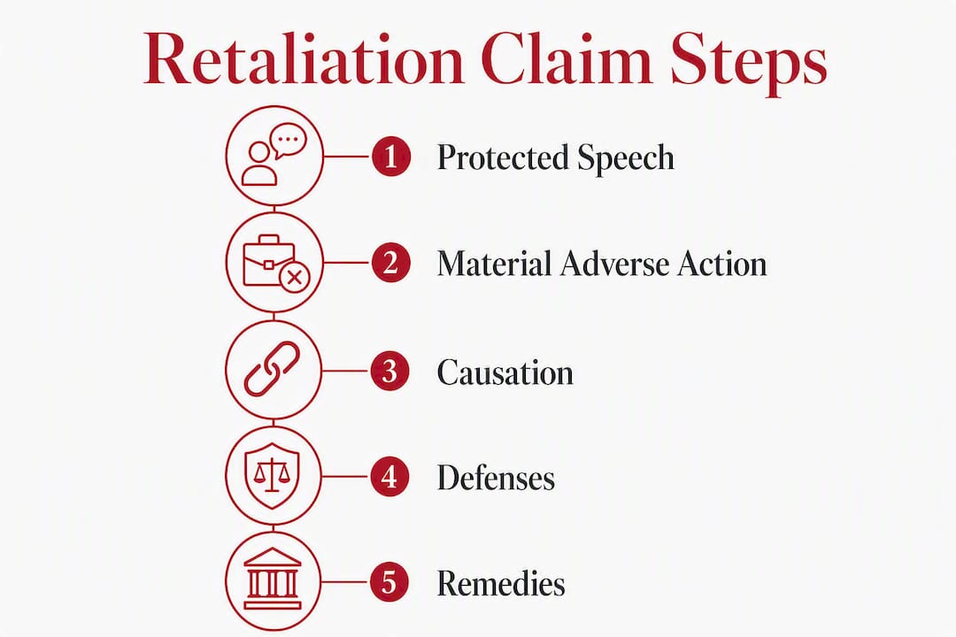 Infographic showing First Amendment retaliation claim steps