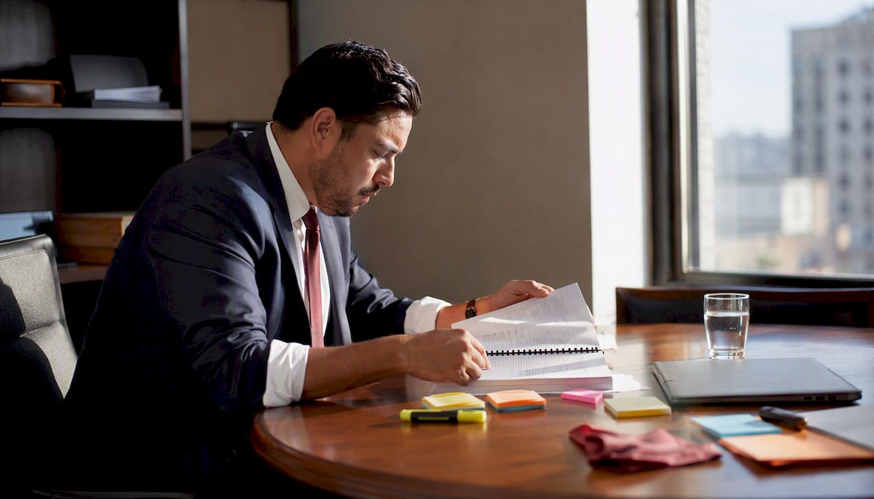 Hands reviewing municipal policy manual overhead view