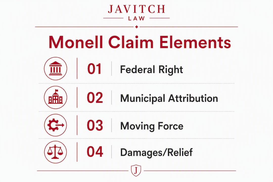 Infographic outlining the four key elements of a Monell claim