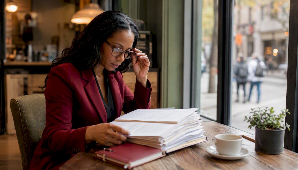 Lawyer reviewing legal affidavits in office