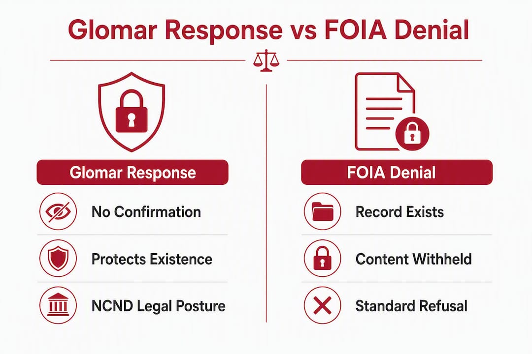Comparison infographic of Glomar response and FOIA denial