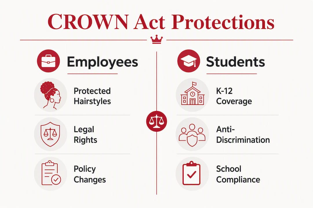 Infographic summarizing CROWN Act employee and student protections