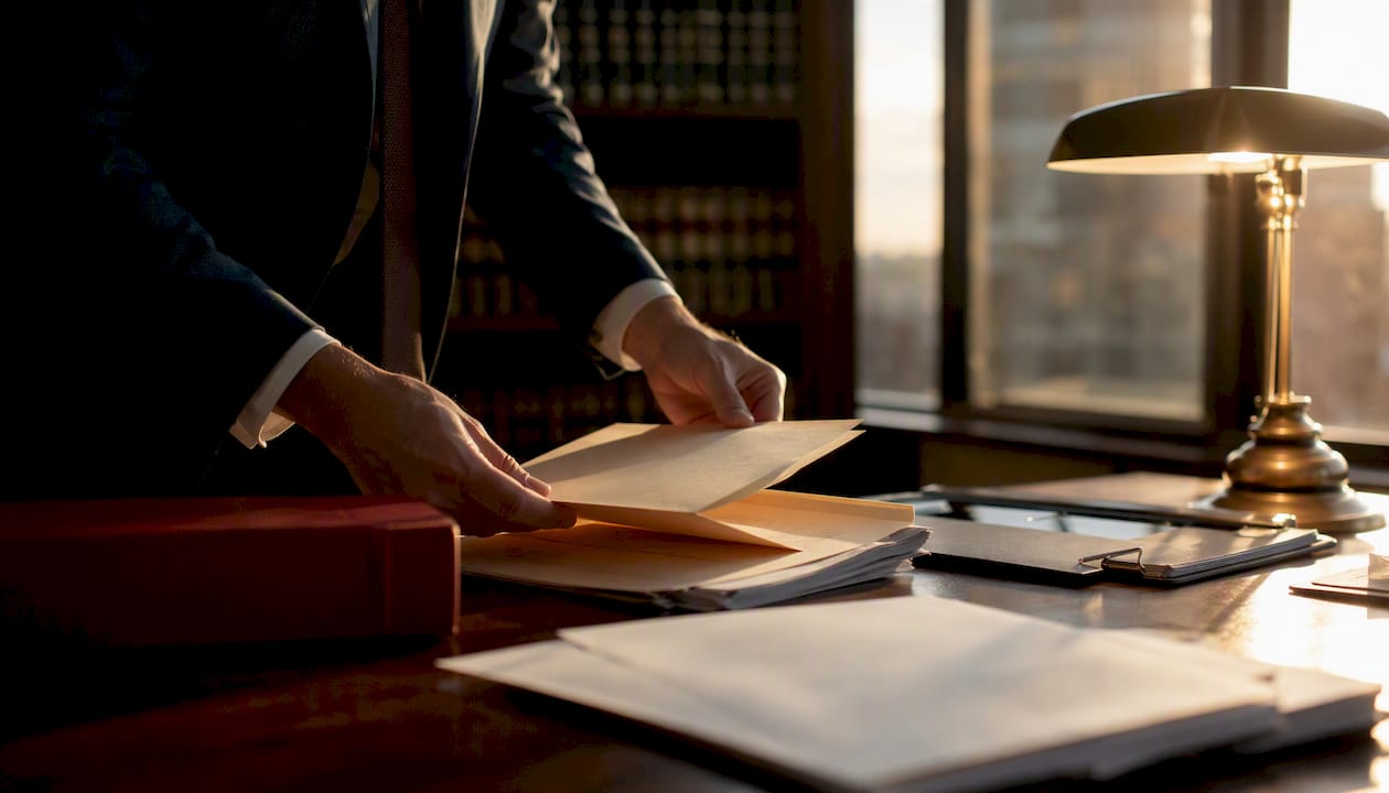 Hands organizing legal files in law office