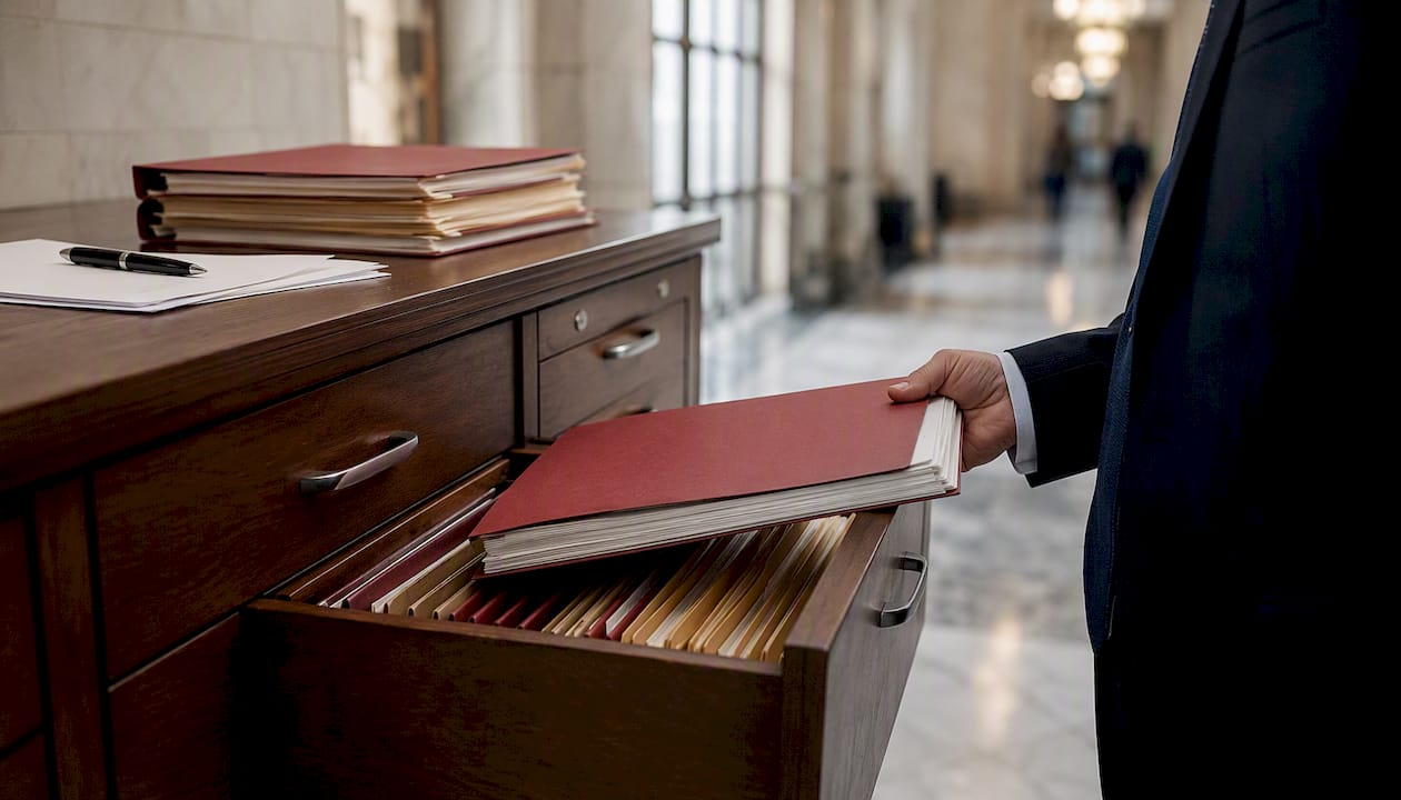 Hand filing legal folder in courthouse cabinet