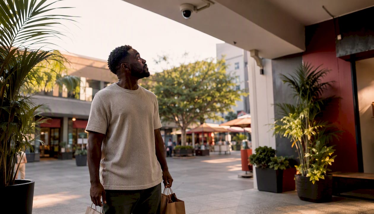 Black shopper looks at security camera in store