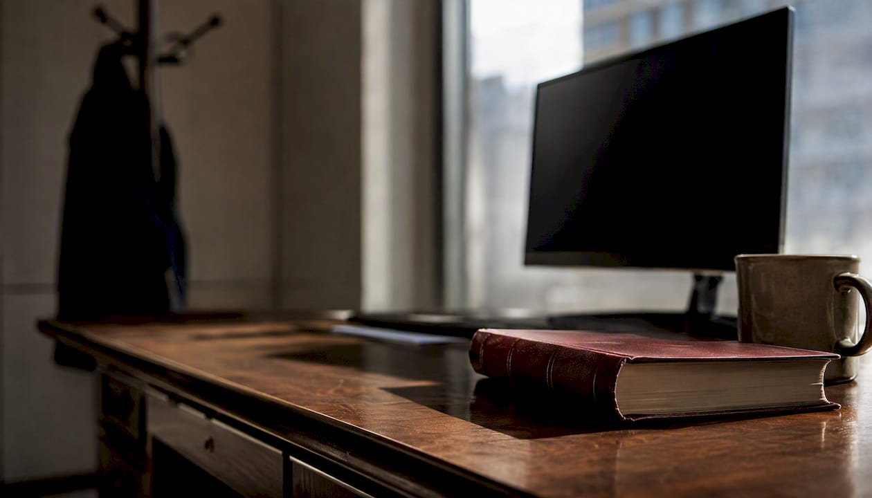Empty office desk with subtle racially hostile symbol
