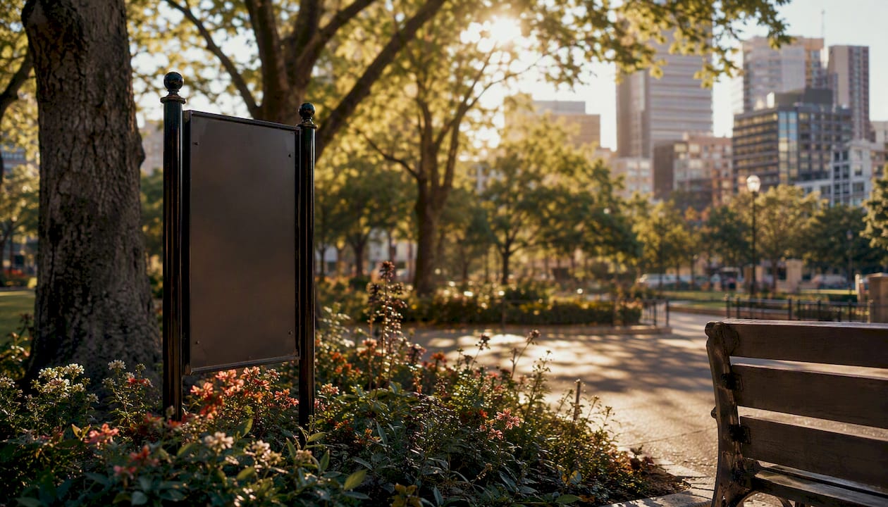 City street with public speech regulation signpost