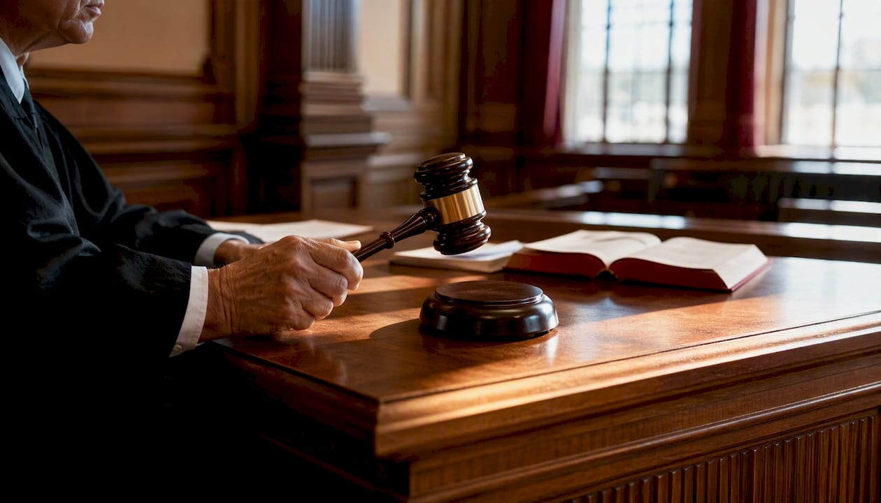 Judge striking gavel in courtroom