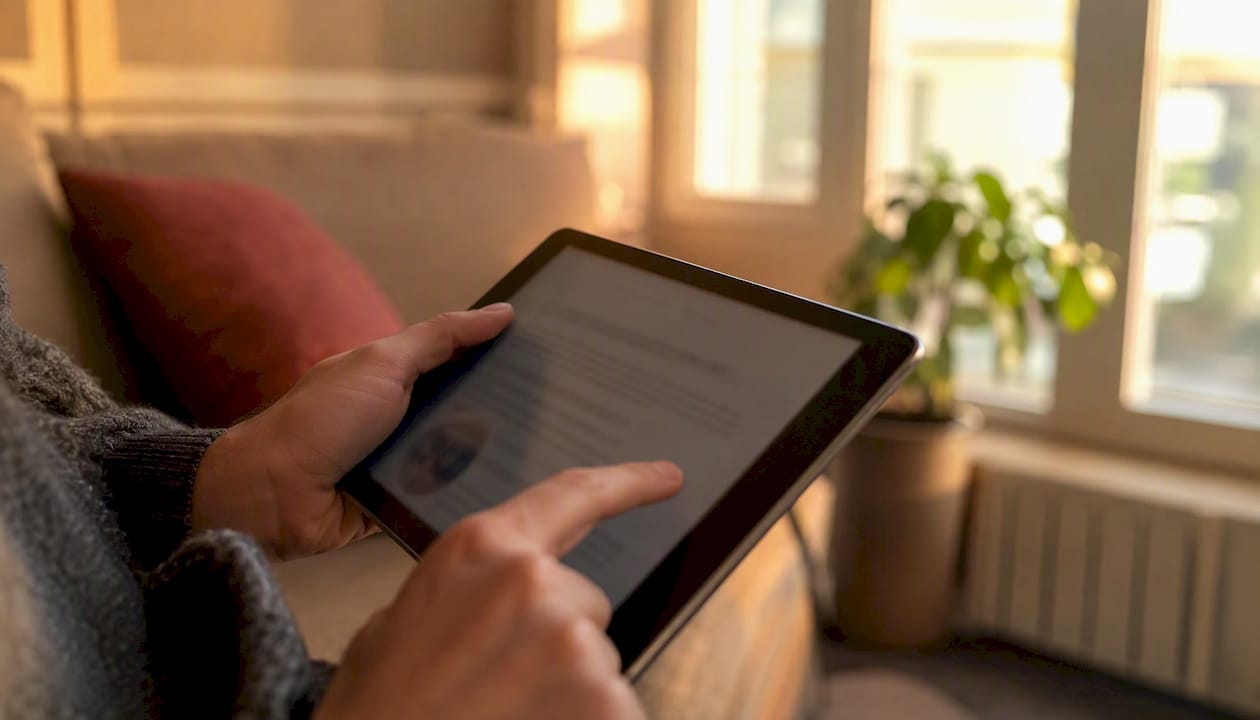 Hand scrolling nonprofit mission on tablet