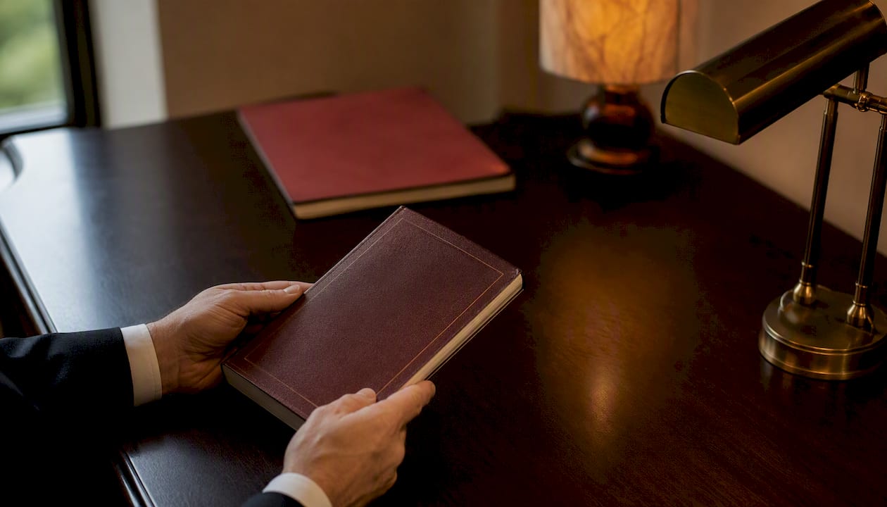 Hands holding Constitution booklet on law desk