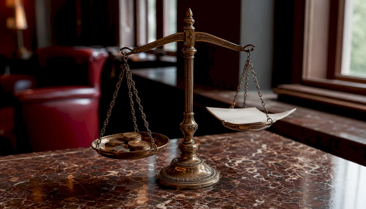 Balance scale with coins and legal document