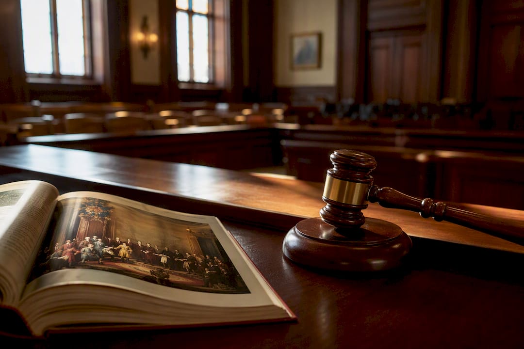 Judge's gavel next to Constitution book