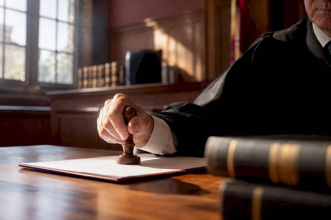 Judge stamping document in courtroom