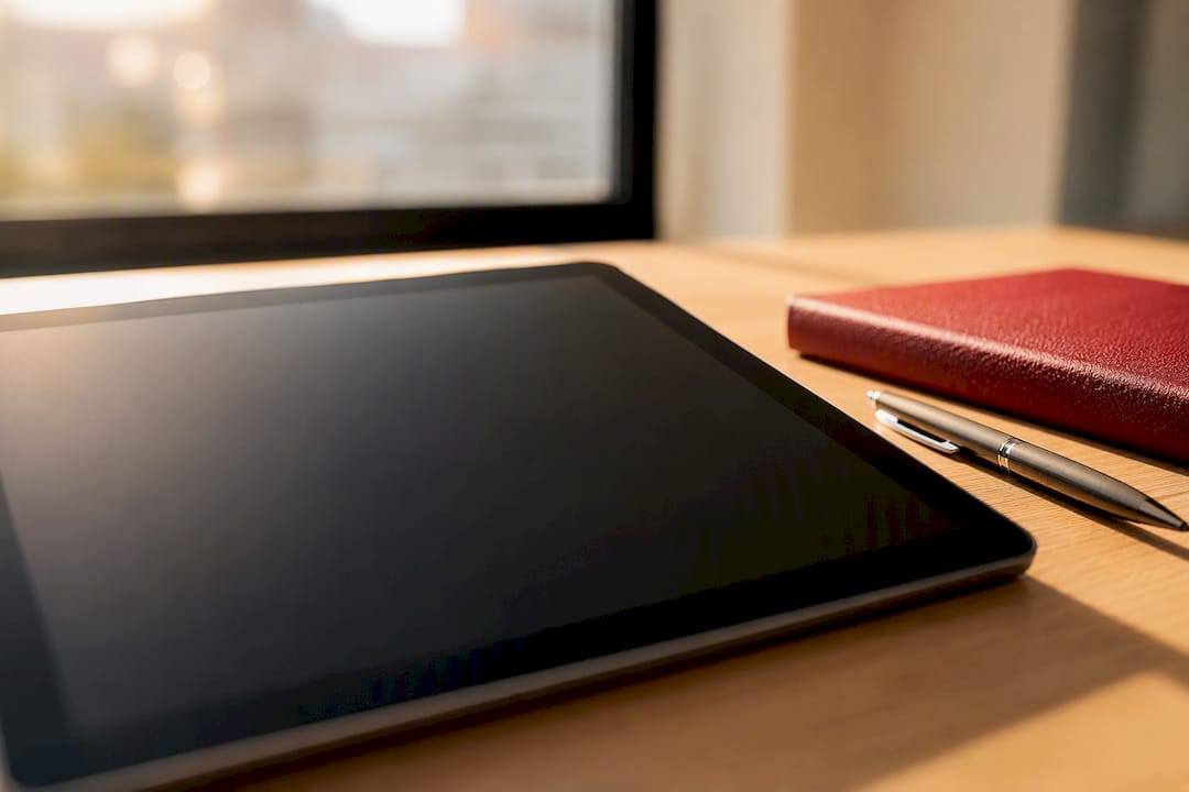 Smartphone on desk with earbuds and notebook