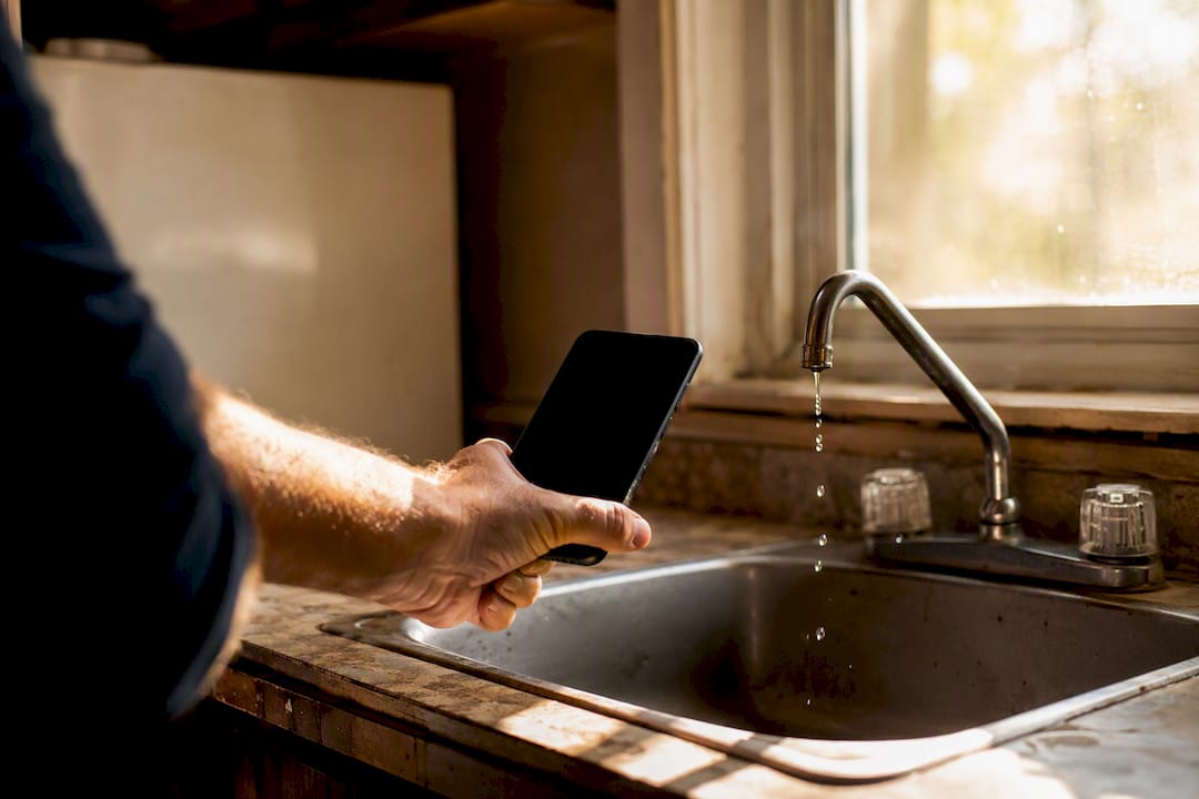 Tenant photographing leaking faucet to prove habitability issue