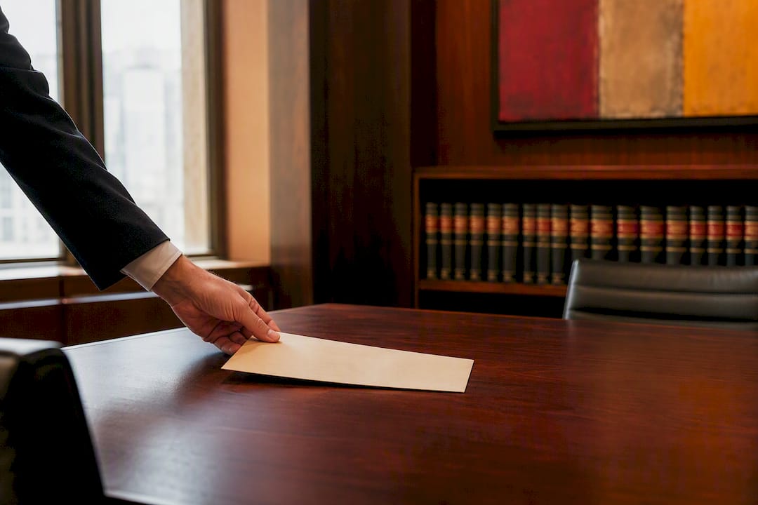 Hand placing FOIA request envelope on desk