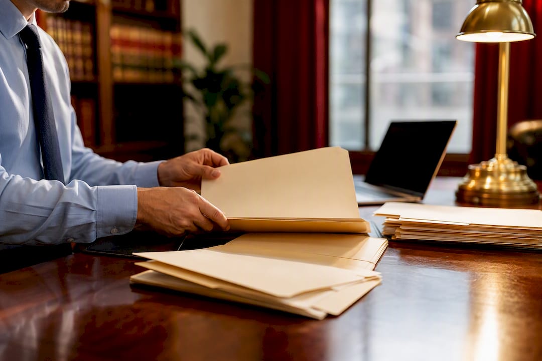 Hands sorting legal case folders