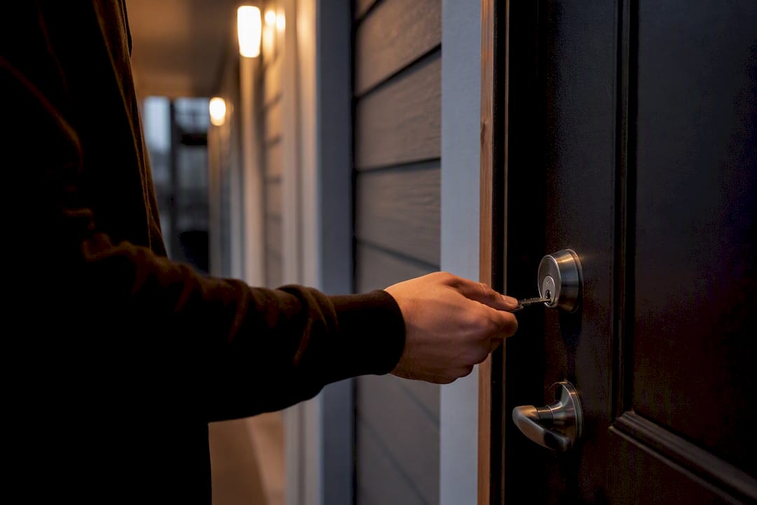 Hand holding key near apartment lock
