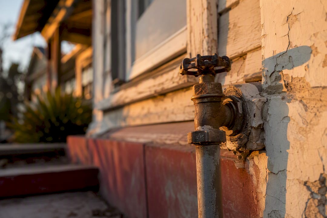 Utility shutoff valve on apartment building exterior
